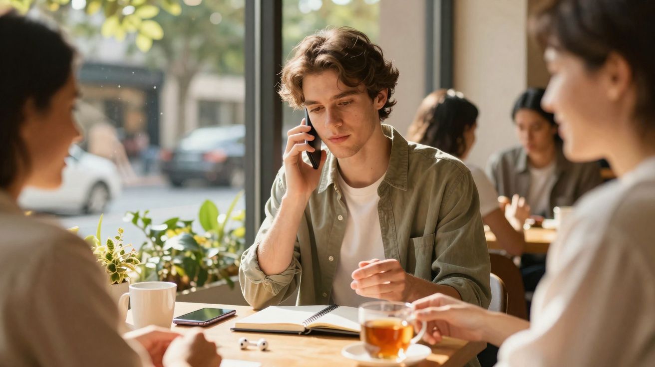 Jovem fala ao telefone enquanto está sentado à mesa com outras pessoas num café iluminado pelo dia.