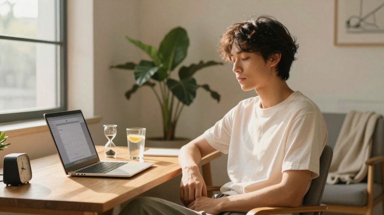 Jovem sentado a meditar junto a uma secretária com computador portátil, relógio e copo de água.
