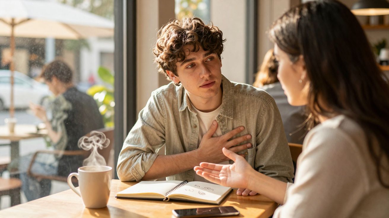 Duas pessoas a conversar numa cafetaria, com caderno aberto e chá quente numa mesa iluminada pela luz natural.