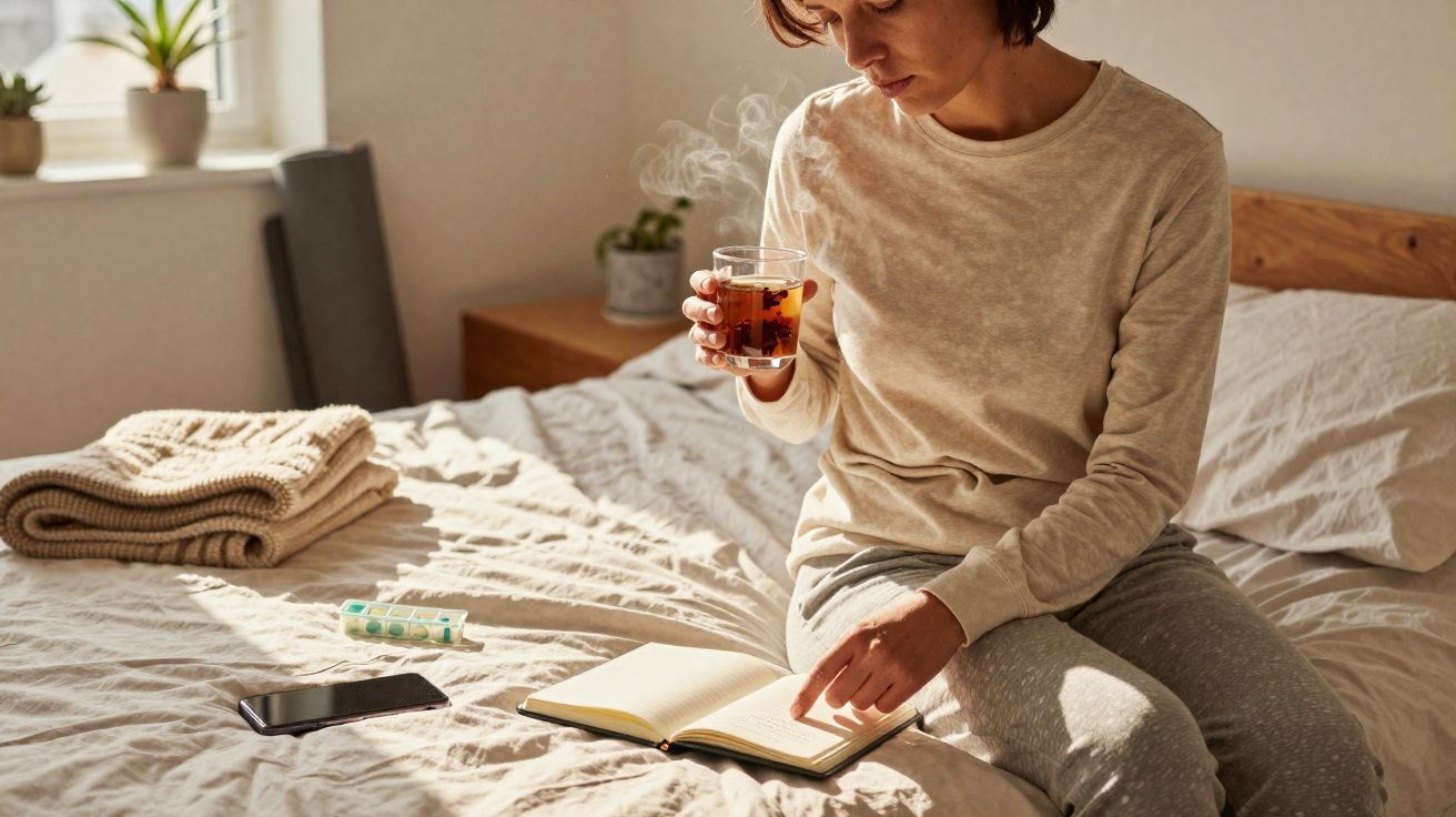 Mulher sentada na cama a ler um livro e a segurar uma chávena de chá quente numa manhã iluminada.