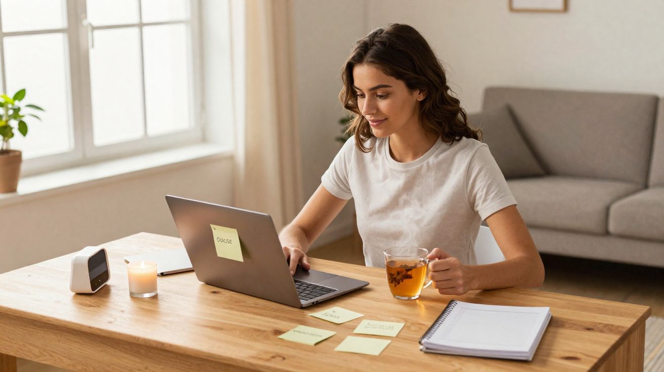 Mulher sentada numa mesa com portátil e a beber chá, rodeada de notas autocolantes e caderno aberto.