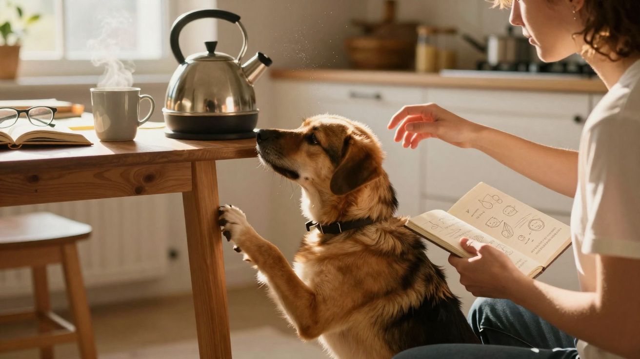 Mulher lendo livro enquanto acaricia cachorro que tenta alcançar chaleira numa mesa de cozinha.