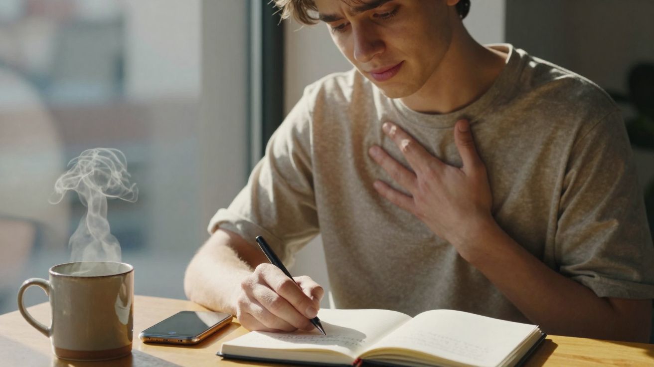 Jovem a escrever num caderno com expressão emocionada e chá fumegante numa mesa perto de uma janela.