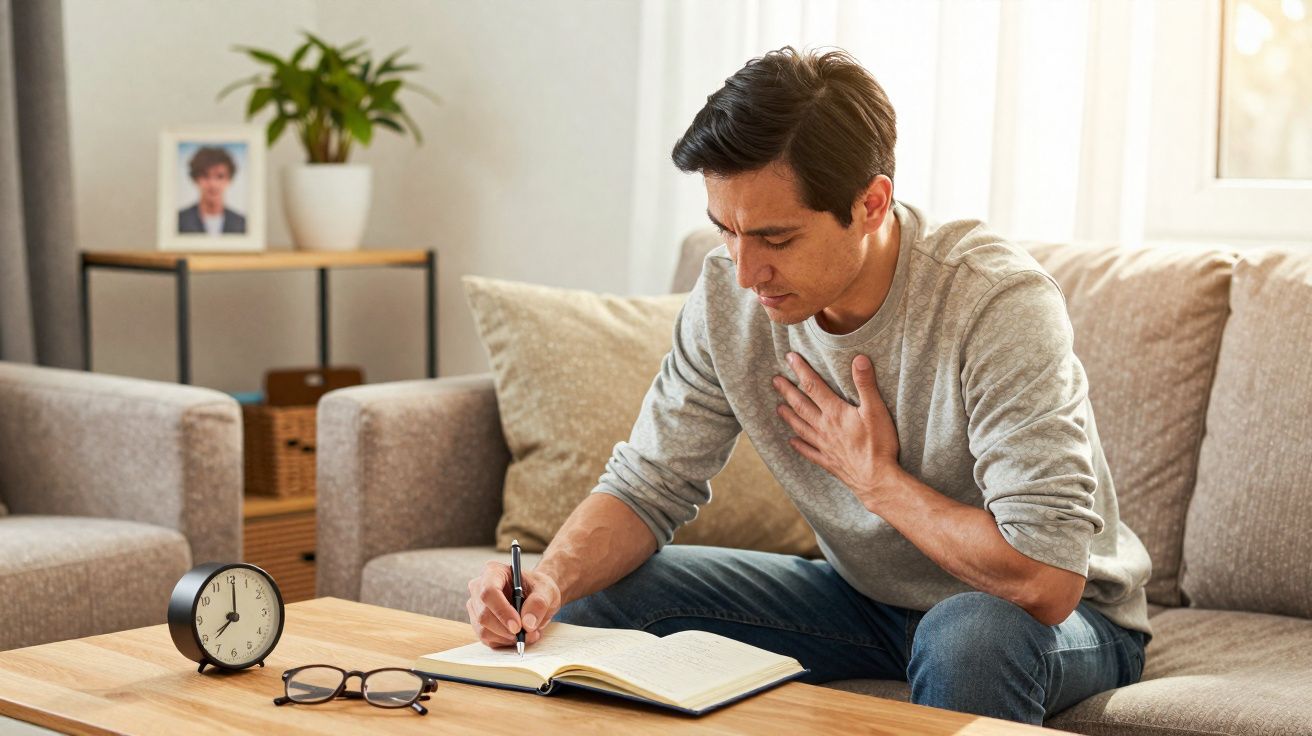 Homem sentado no sofá segurando o peito com uma mão e escrevendo num caderno com a outra.