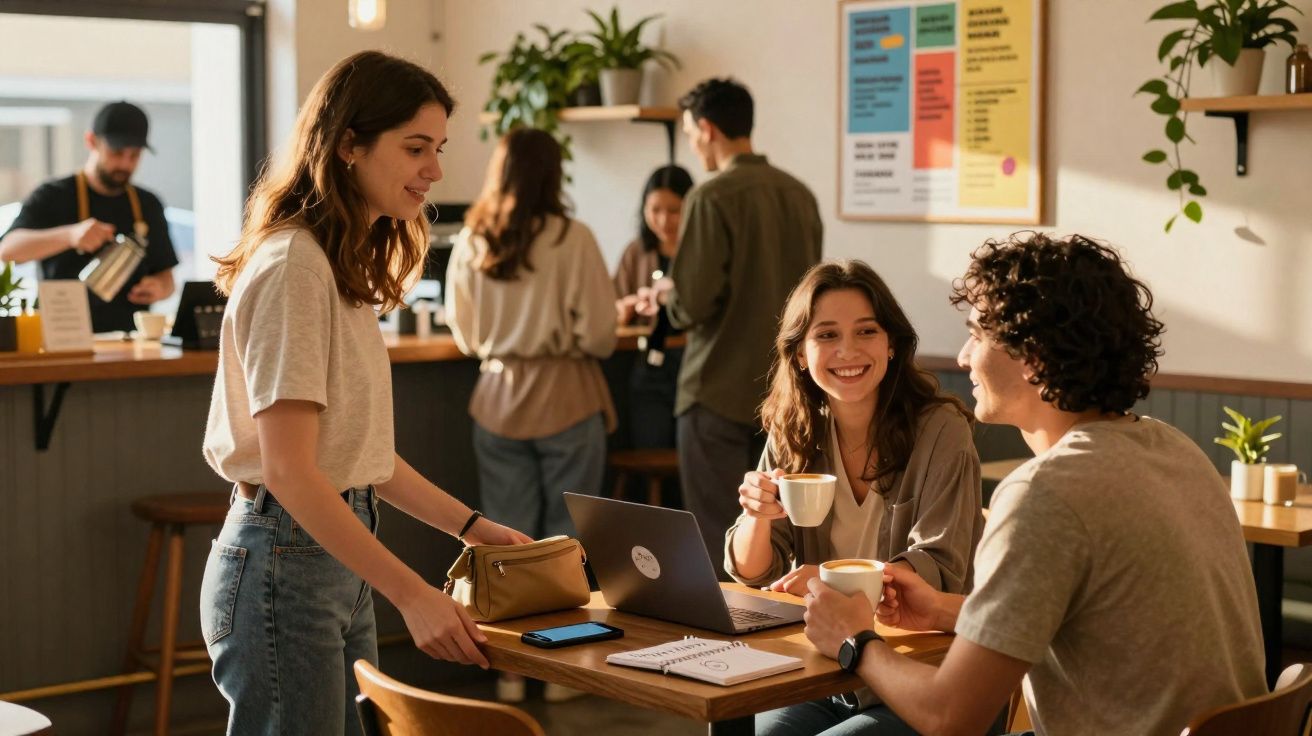 Jovens em café moderno, três a conversar e beber café, outros ao fundo a preparar e pedir bebidas.
