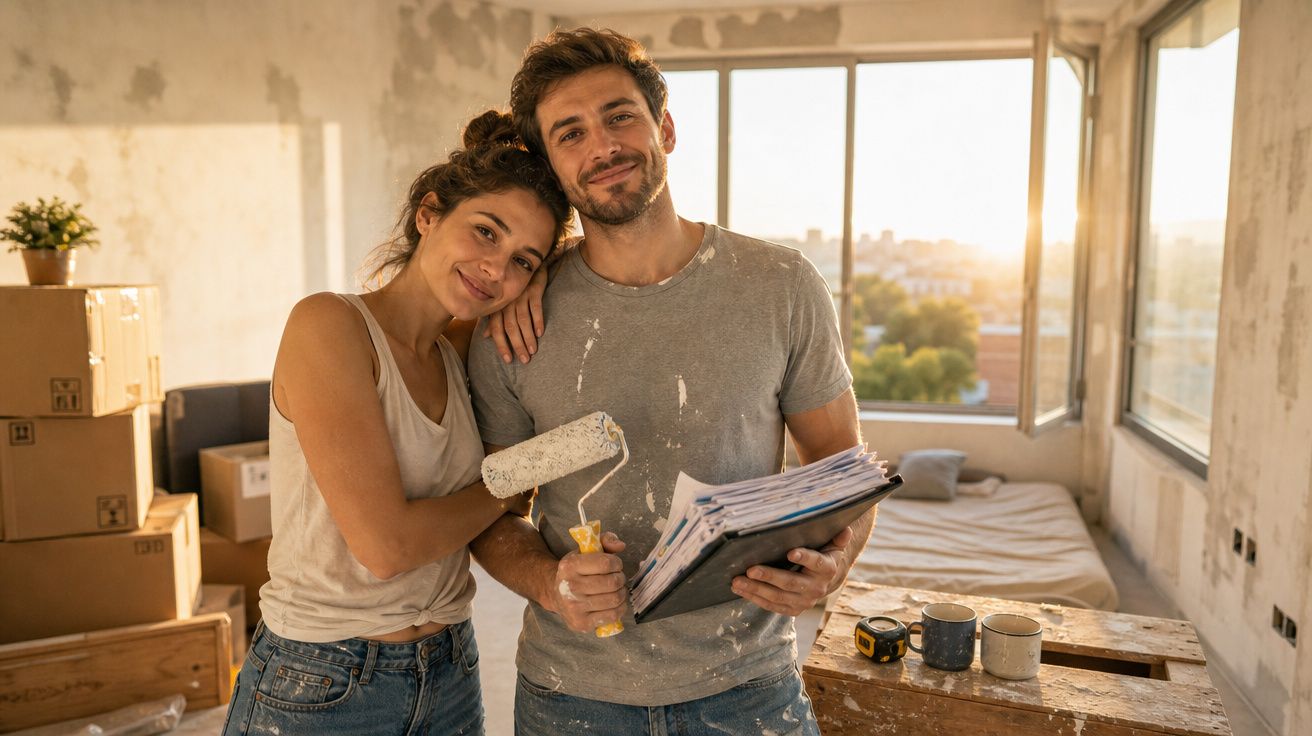 Casal jovem abraçado com rolo de pintura e pasta, em divisão iluminada e em remodelação, rodeados de caixas e objetos.