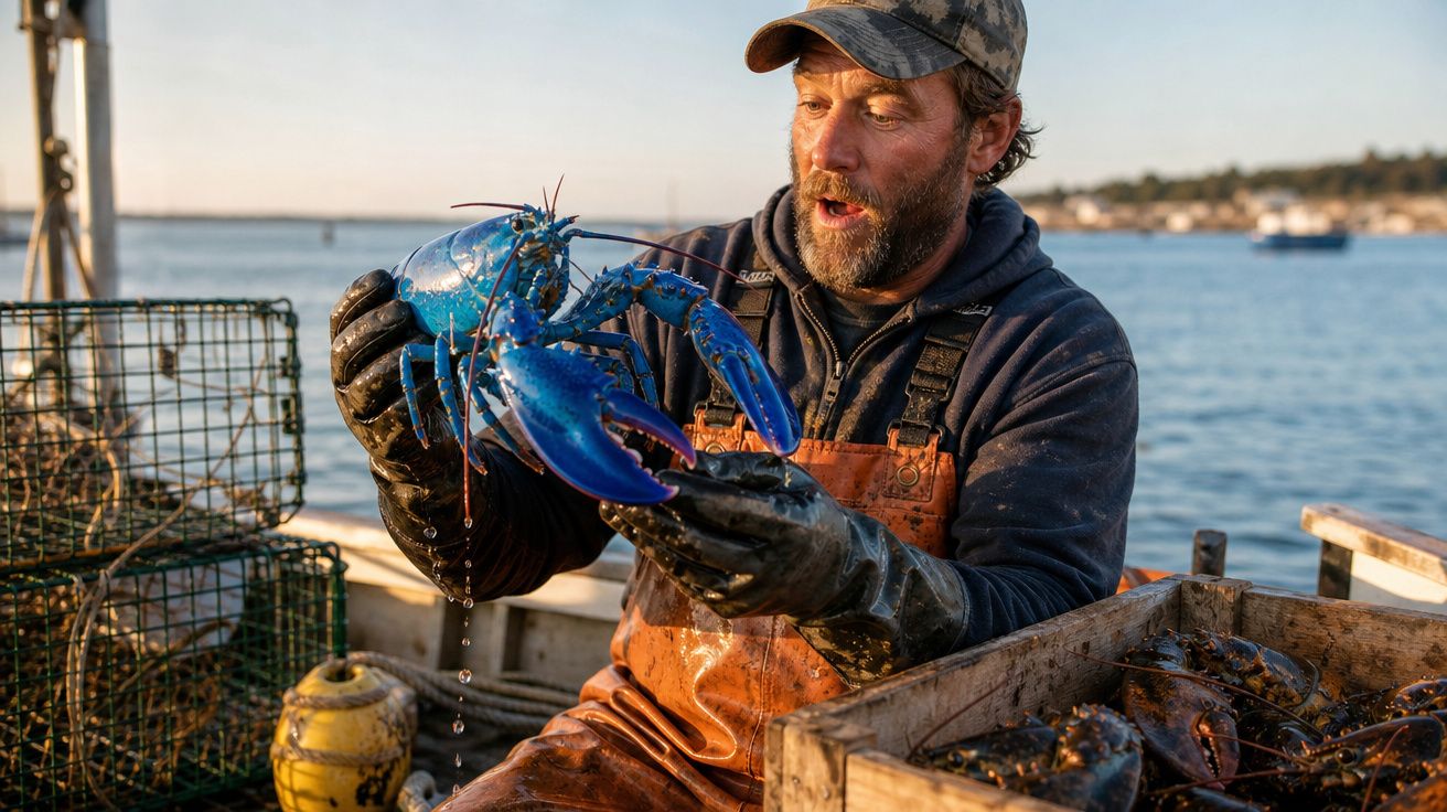 Pescador com roupa de proteção segura uma lagosta azul viva num barco ao amanhecer.