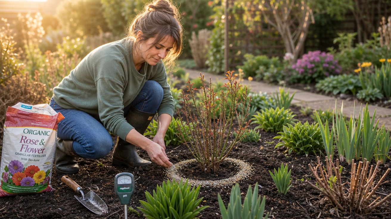 Mulher a cuidar de um jardim, a plantar em solo preparado, com saco de fertilizante ao lado.
