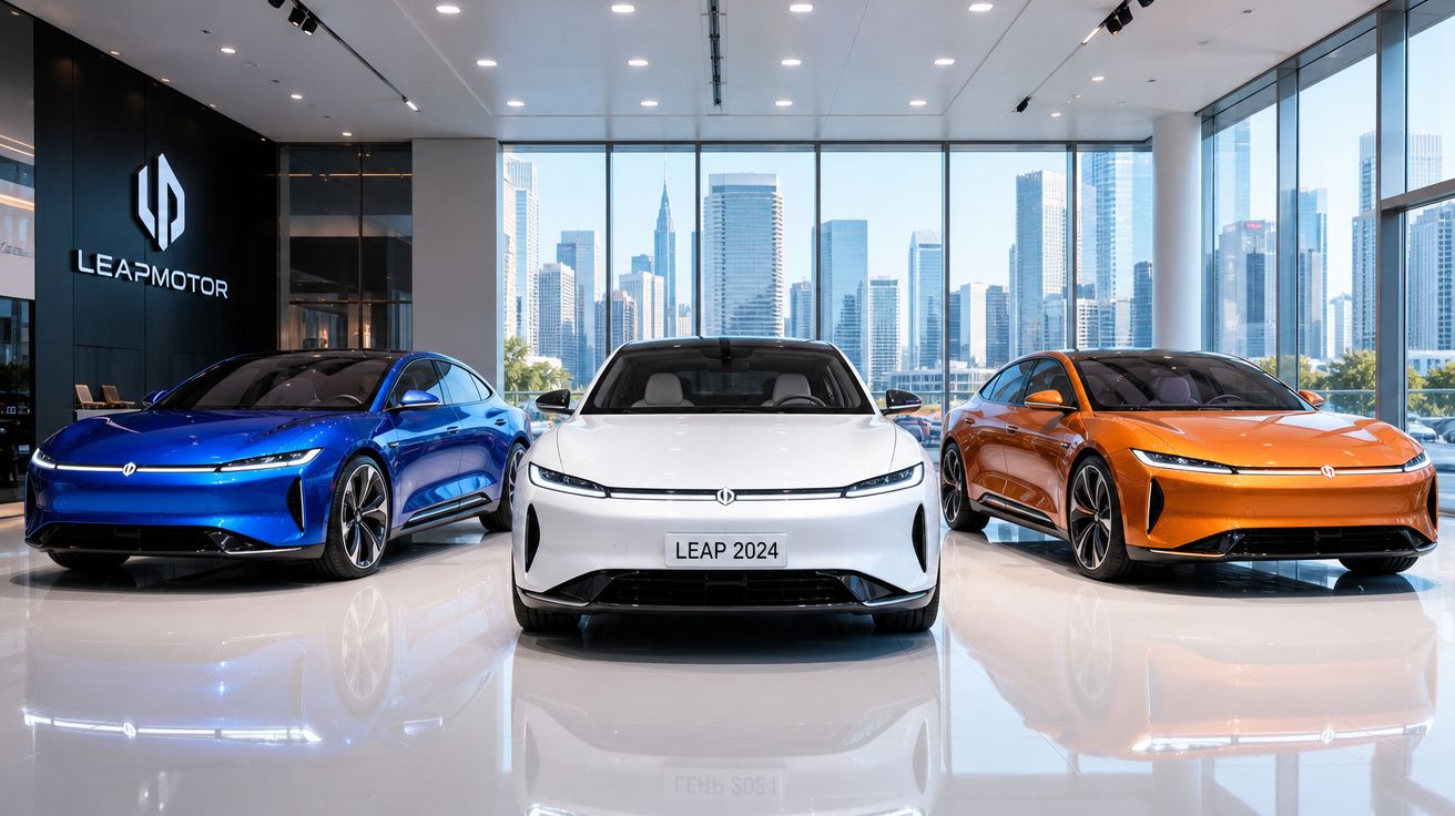 Três carros elétricos LEAP 2024 nas cores azul, branco e laranja expostos numa sala moderna com vista para a cidade.