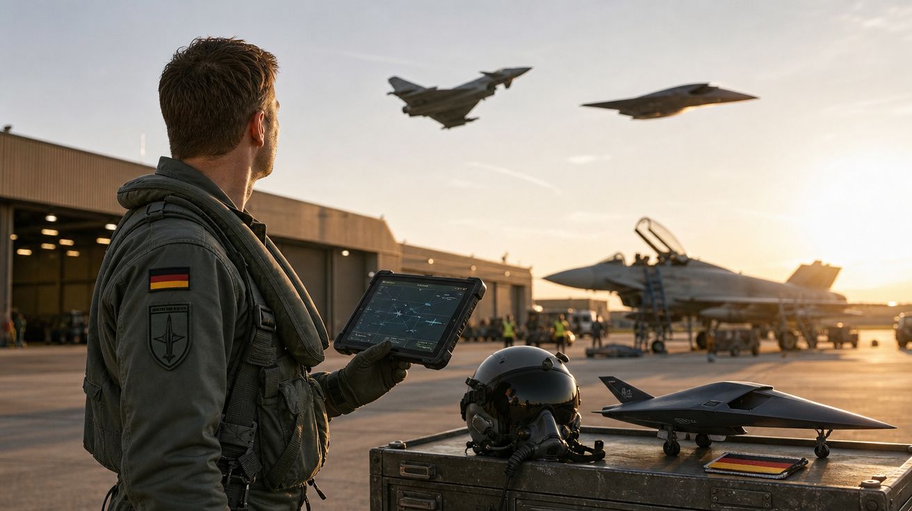 Piloto militar com tablet observa dois jatos militares a voar sobre base aérea ao pôr do sol.