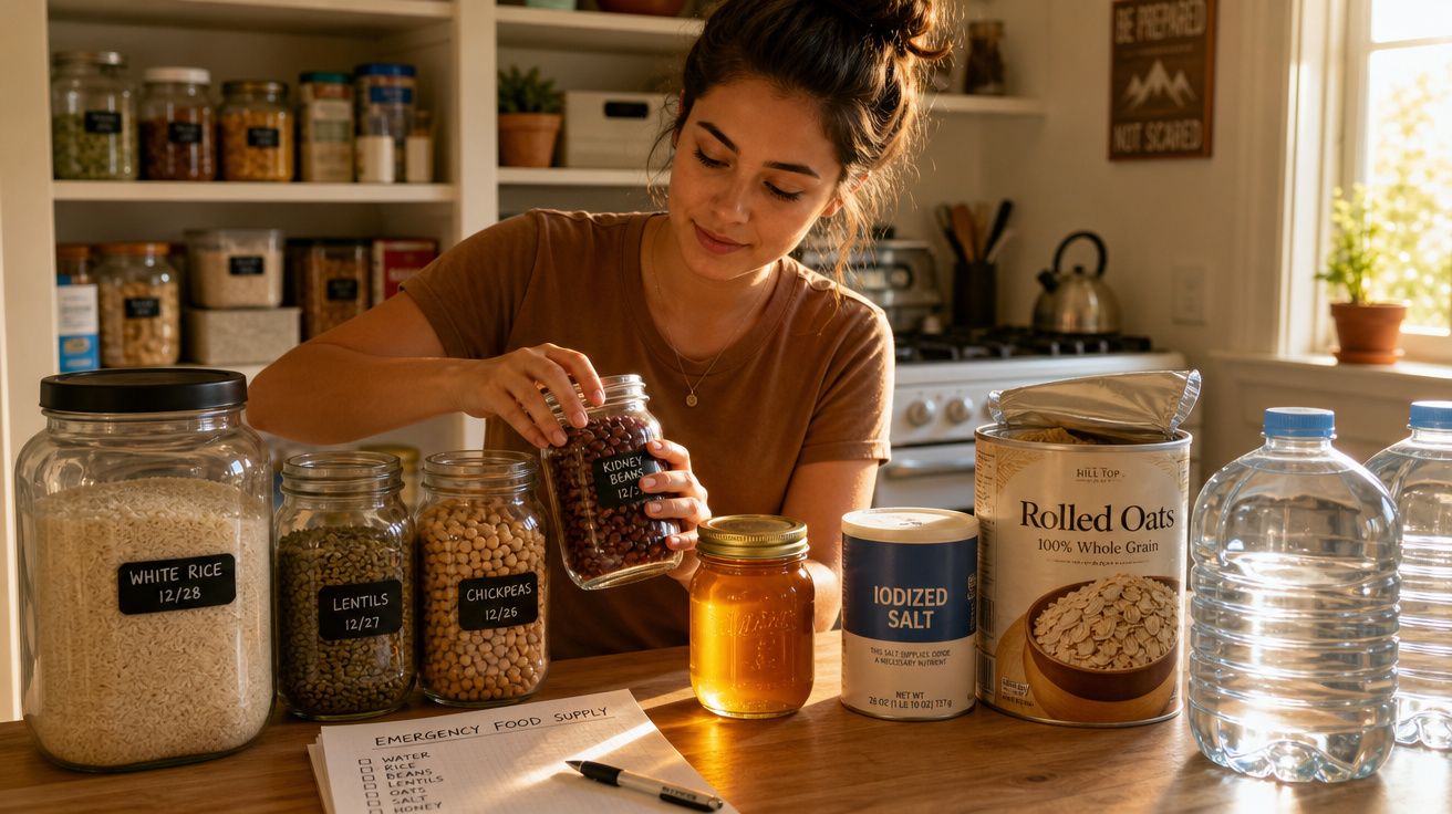 Mulher a organizar frascos com alimentos secos numa cozinha bem iluminada, com lista de suprimentos na mesa.