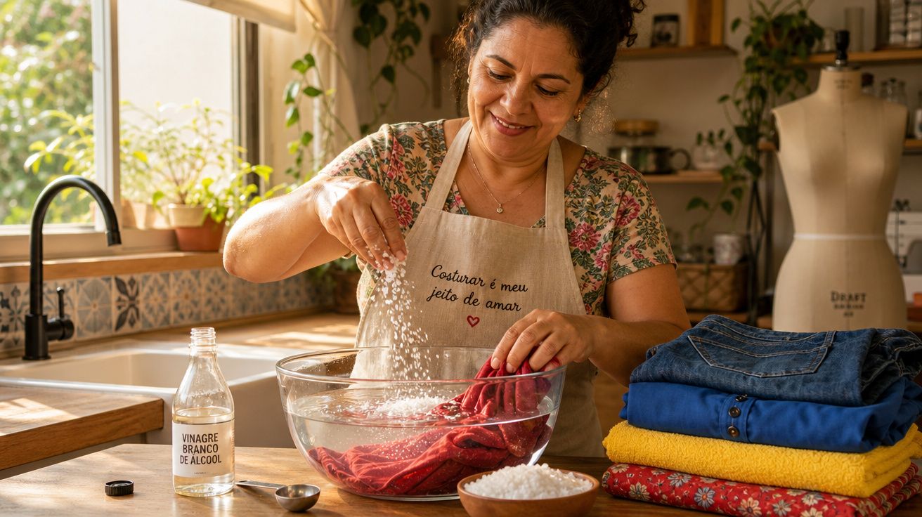 Mulher a lavar roupa vermelha num recipiente com vinagre branco e sal, cozinha iluminada e roupa dobrada ao lado.