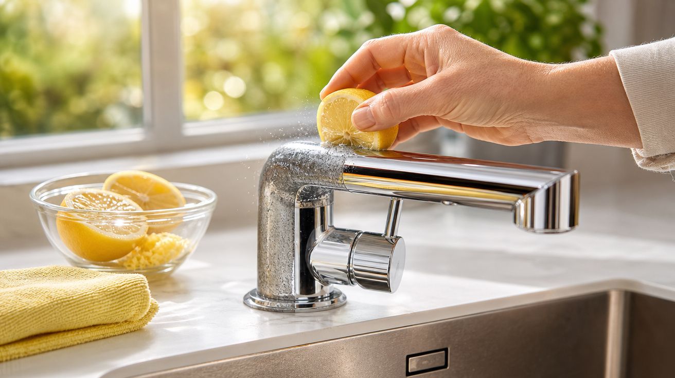 Mão a esfregar meio limão num torneira de cozinha prateada com toalha amarela e limões num prato ao lado.