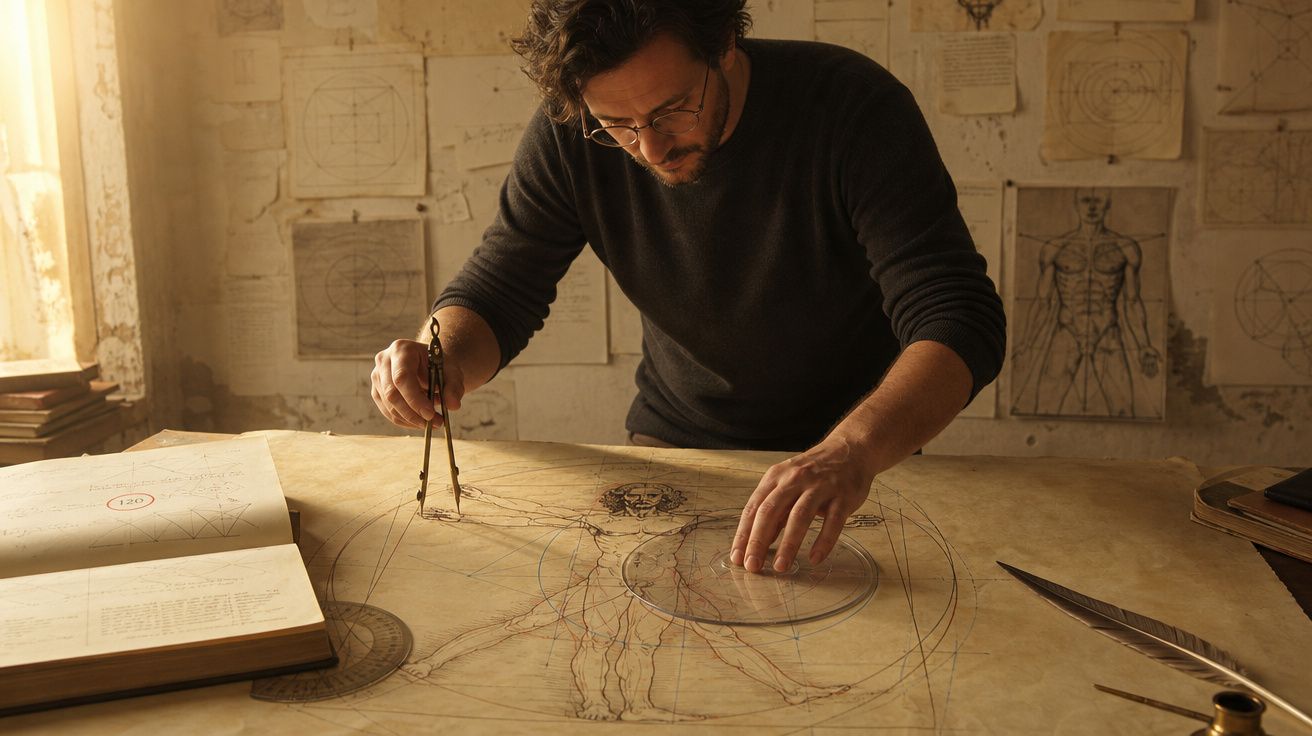 Homem a desenhar com compasso num esboço de figura humana e desenhos técnicos ao fundo.