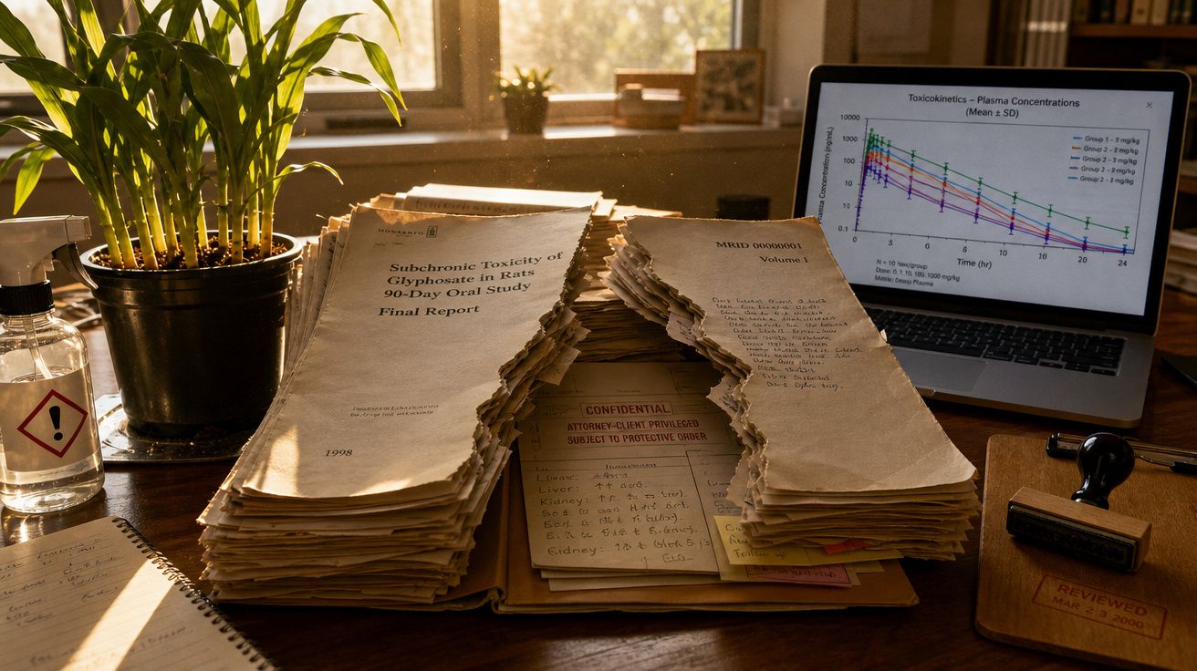Mesa de trabalho com plantas, documentos antigos, relatório confidencial e laptop com gráfico científico aberto.