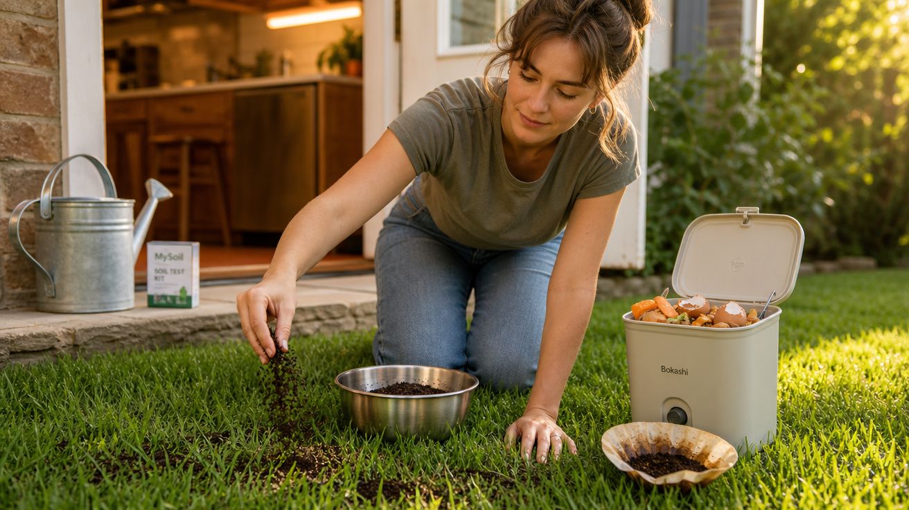 Mulher no jardim espalha composto orgânico no relvado com utensílios de compostagem doméstica ao lado.