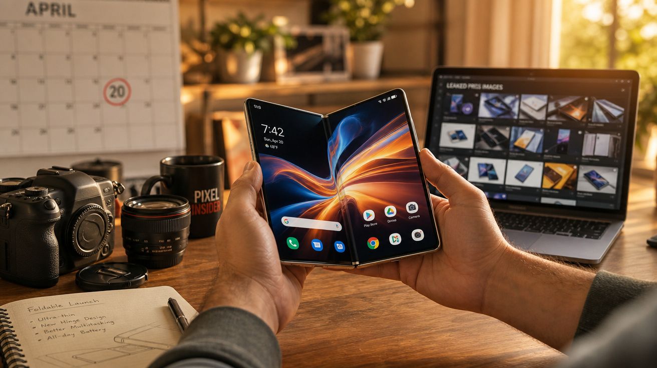 Pessoa a segurar smartphone dobrável aberto numa secretária com câmara, computador portátil e calendário ao fundo.