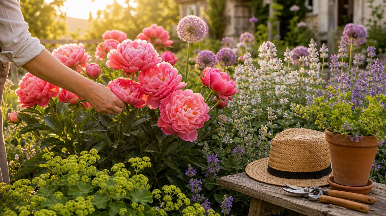 Pessoa a cuidar de peónias cor-de-rosa num jardim com plantas floridas ao entardecer.
