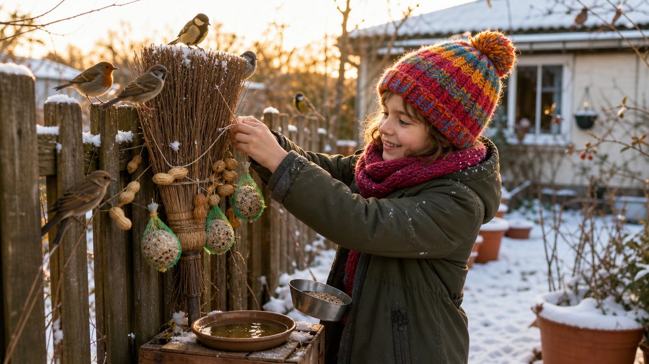Criança com gorro colorido a alimentar pássaros num jardim com neve ao pôr do sol.