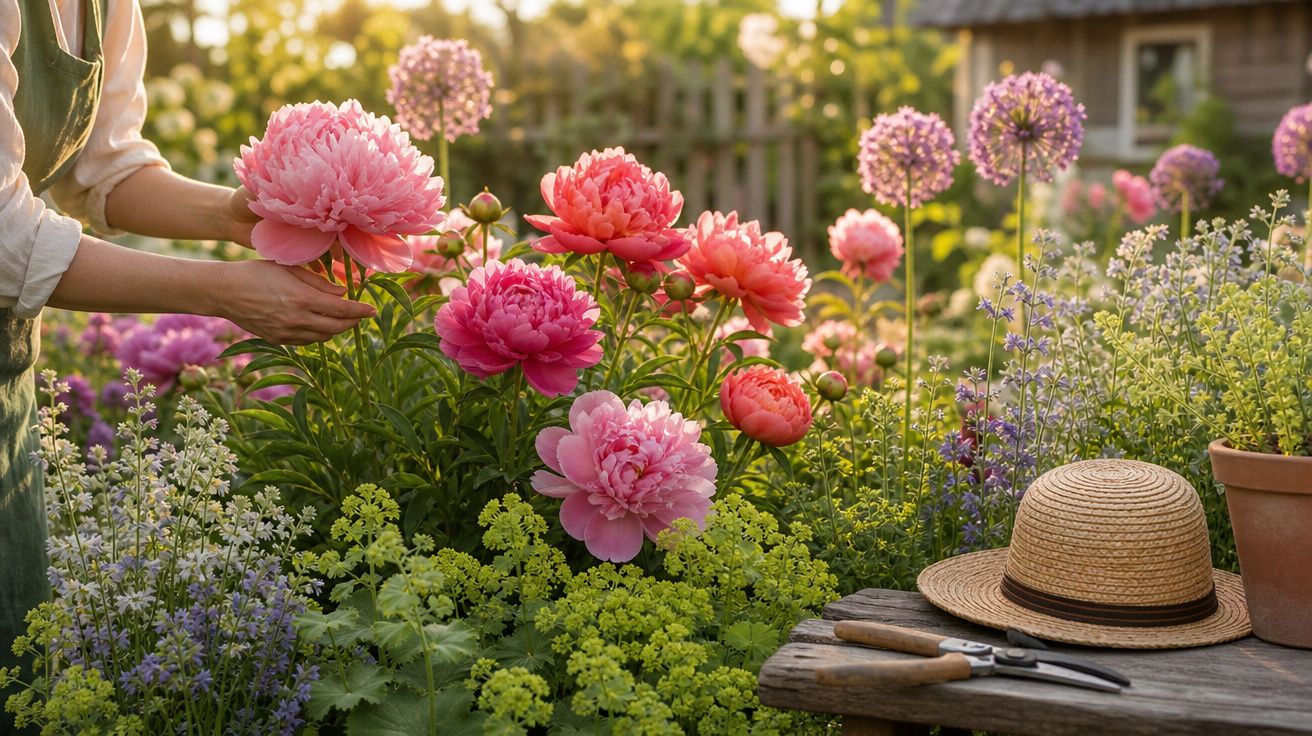 Pessoa a cuidar de peónias cor-de-rosa num jardim florido com ferramentas e chapéu de palha à mesa.