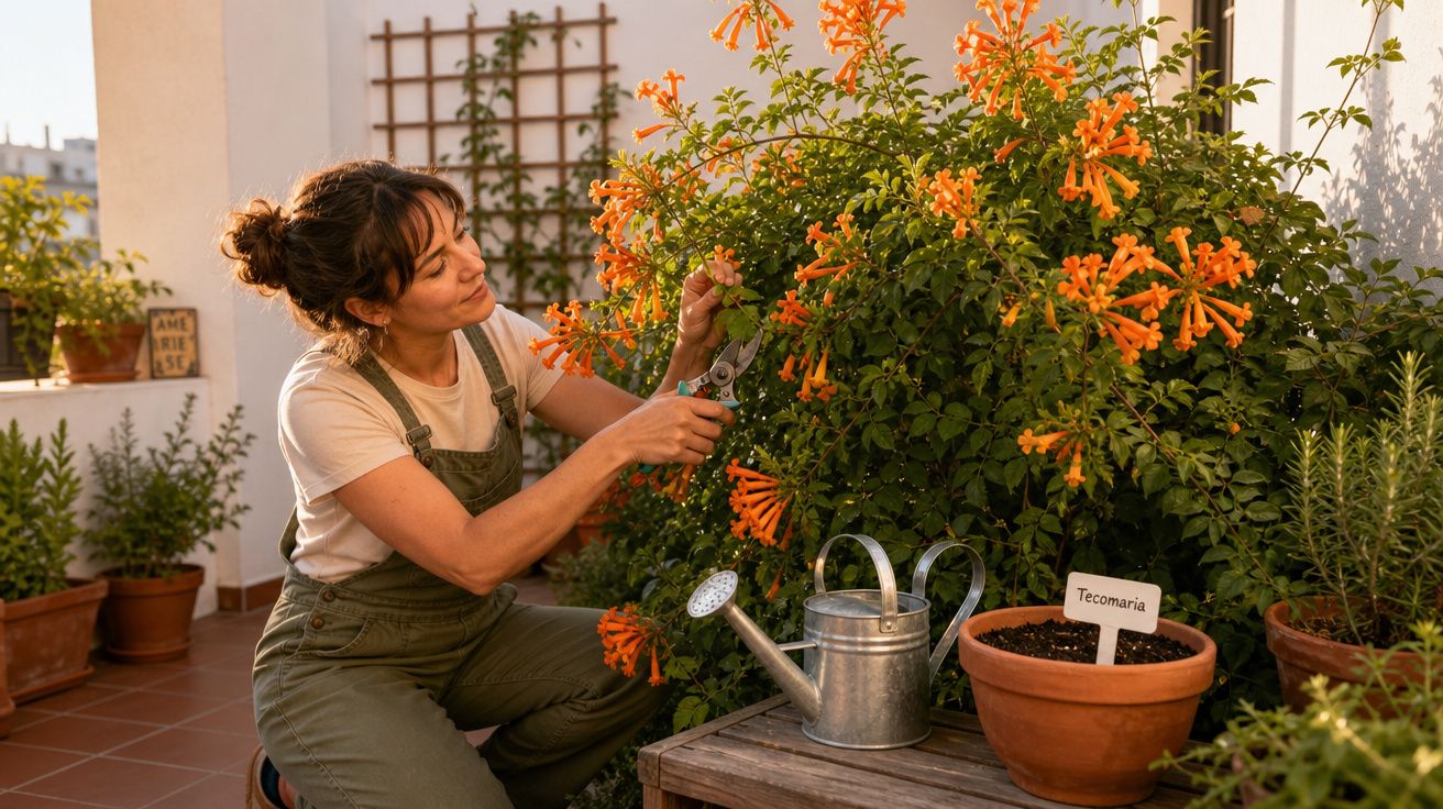 Mulher a podar flores laranja de Tecomaria numa varanda com plantas em vaso ao pôr do sol.