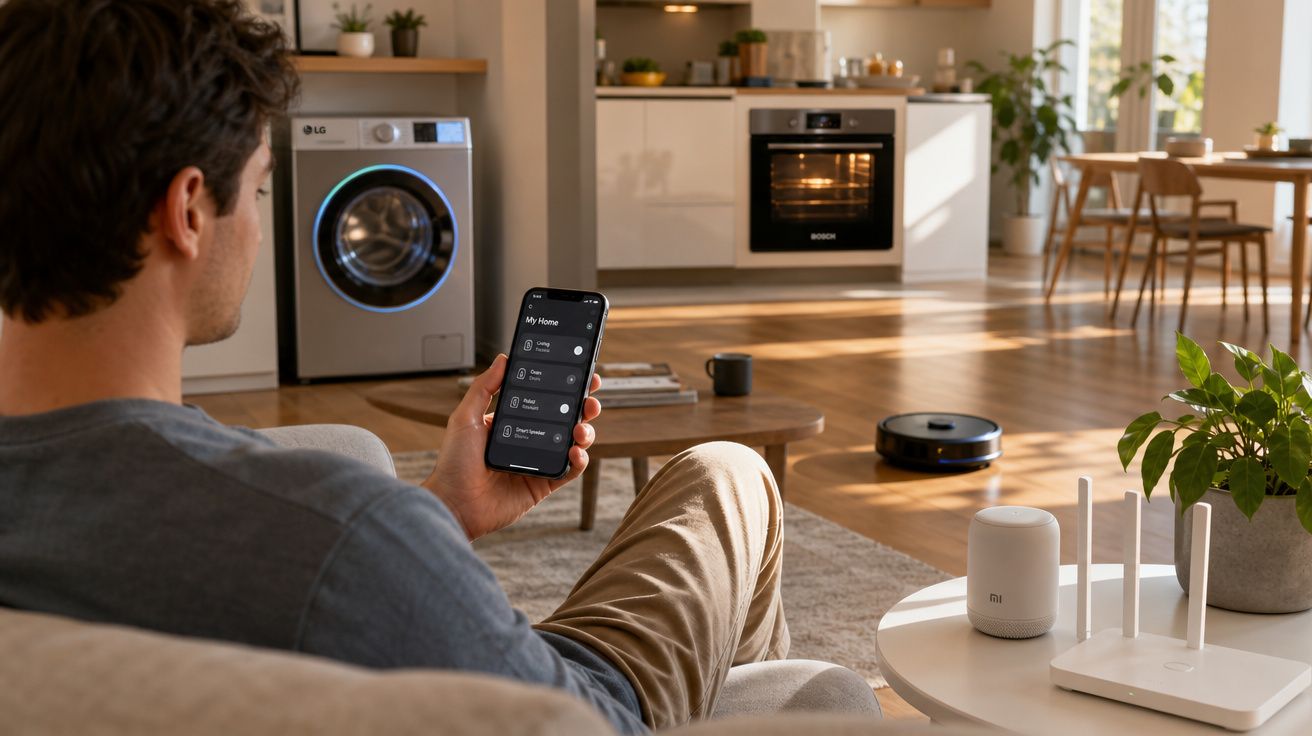 Homem sentado no sofá a controlar dispositivos inteligentes da casa com smartphone numa sala moderna.