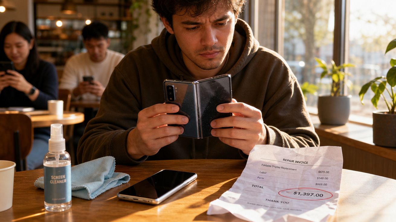 Homem preocupado a examinar telemóvel dobrável com fatura de reparação na mesa de café.