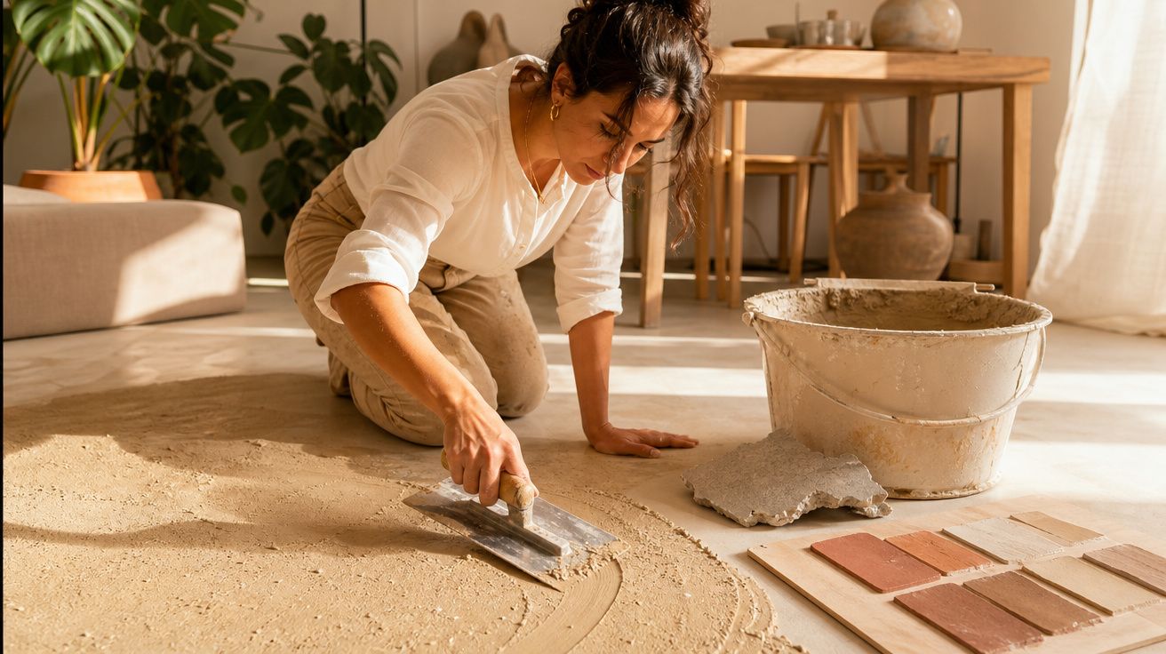 Mulher a aplicar argamassa no chão interior com ferramentas e amostras de azulejos ao lado.
