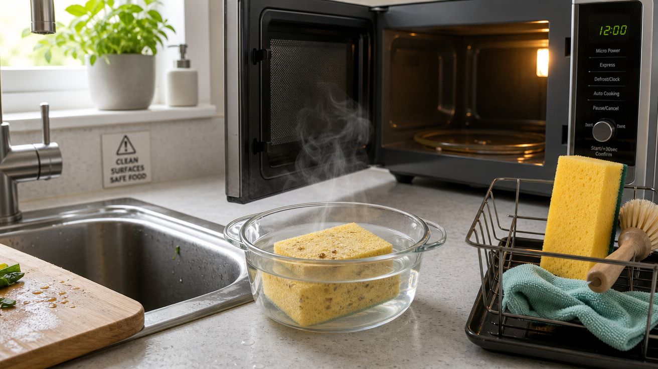 Esponja a ser esterilizada em micro-ondas num recipiente de vidro, ao lado de lava-loiça e balcão de cozinha.