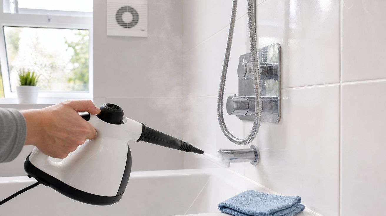 Pessoa a limpar a banheira e os azulejos do chuveiro com um limpa vapor branco e azul.