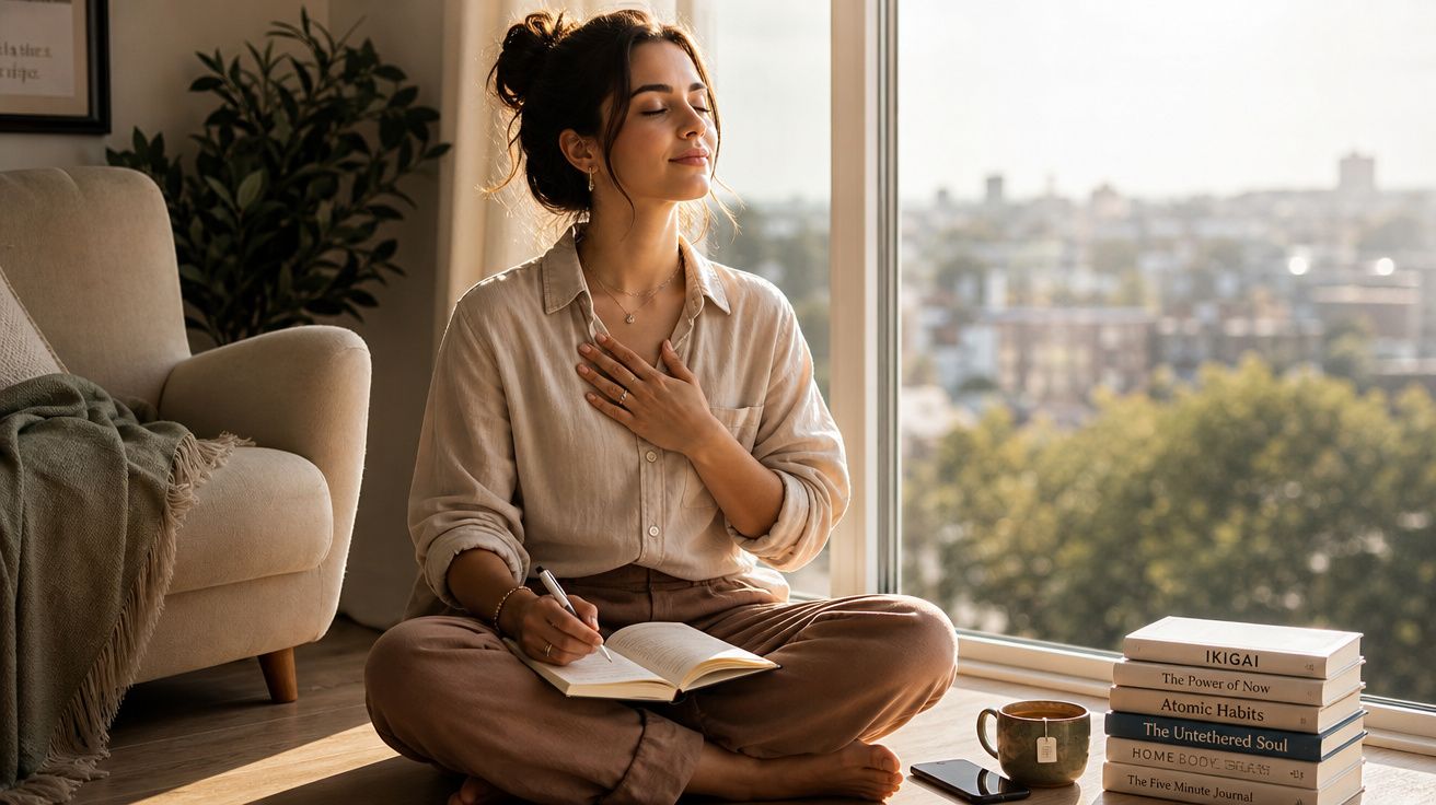 Mulher sentada no chão junto a janela, a fazer meditação com diário e livros ao lado.