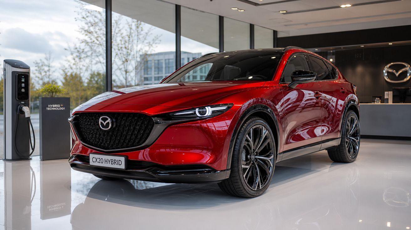 Carro Mazda CX-20 híbrido vermelho num showroom moderno com carregador elétrico.