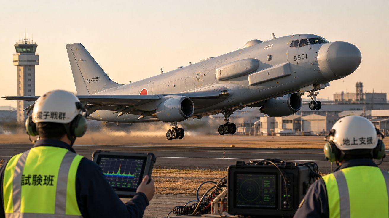Avião militar japonês a descolar com técnicos em coletes amarelos a monitorizar instrumentos na pista.
