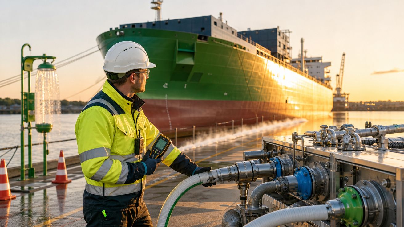 Trabalhador com capacete e colete fiscaliza ligação de mangueiras a navio cargueiro verde ao pôr do sol.