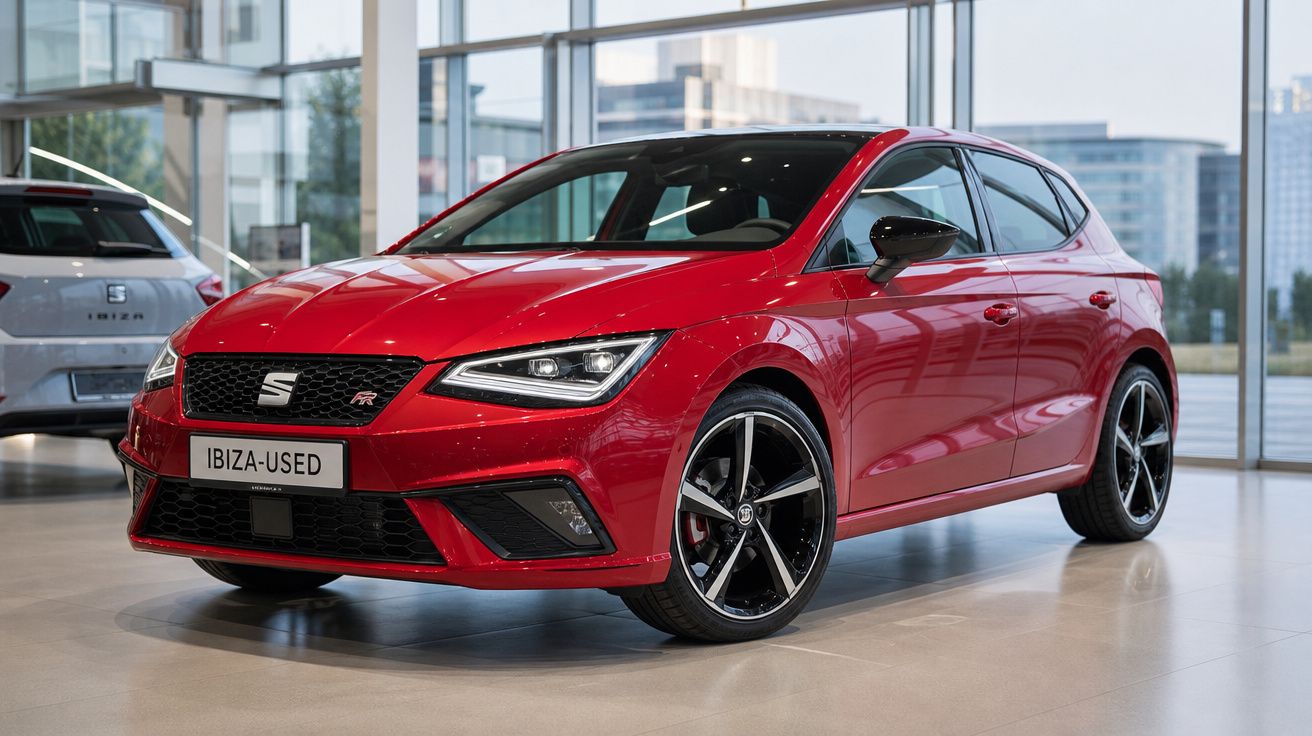 Carro Seat Ibiza vermelho brilhante estacionado em showroom moderno com chão de cimento polido.