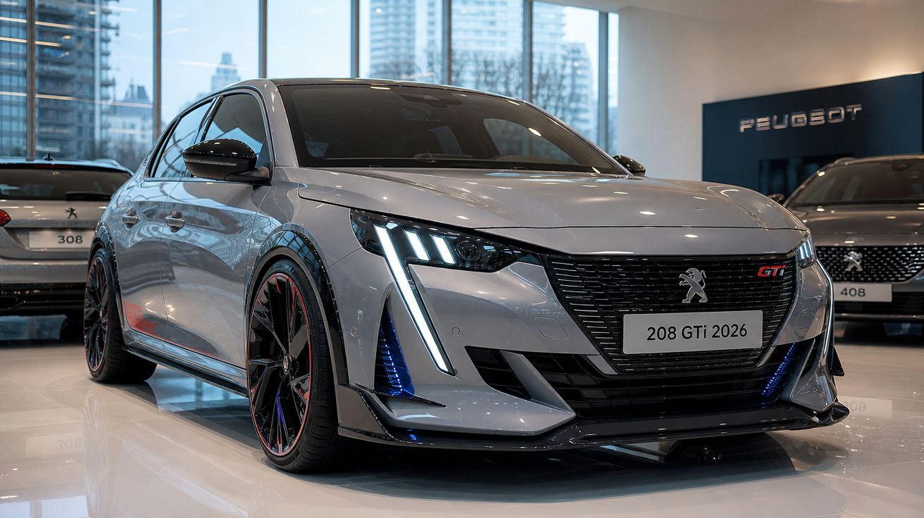 Peugeot 208 GTi 2026 cinzento estacionado em showroom moderno, com faróis LED acesos e rodas desportivas negras.