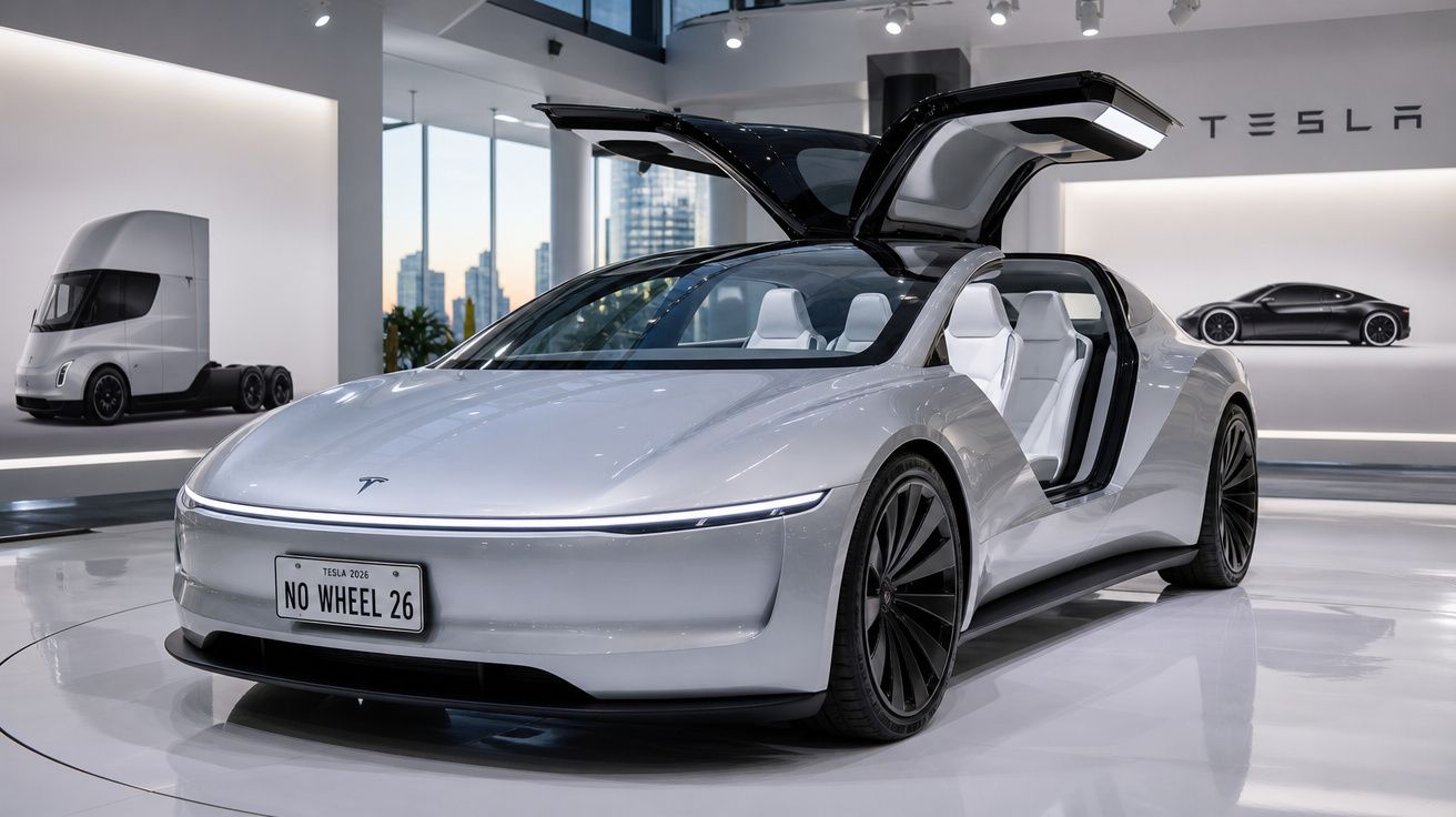 Carro eléctrico Tesla prata com portas estilo gaivota abertas numa exposição moderna.
