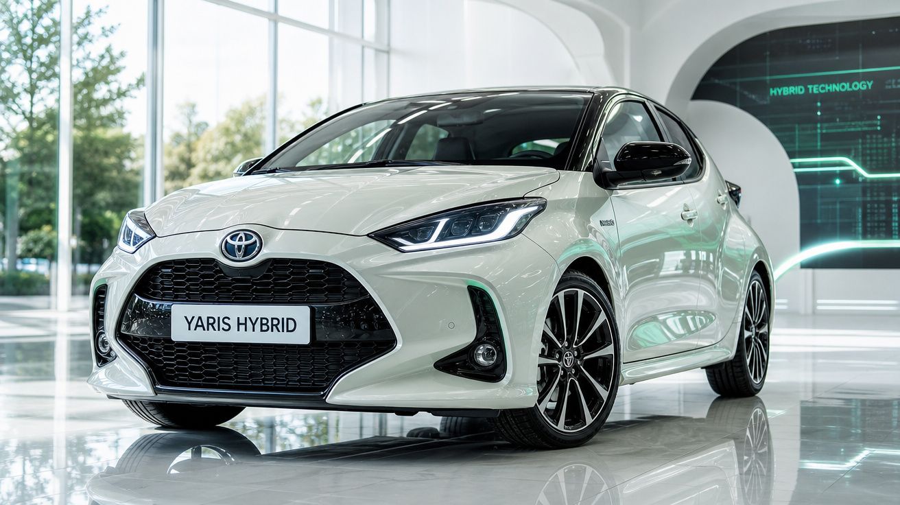 Automóvel Toyota Yaris Hybrid branco estacionado em showroom moderno com piso refletor.