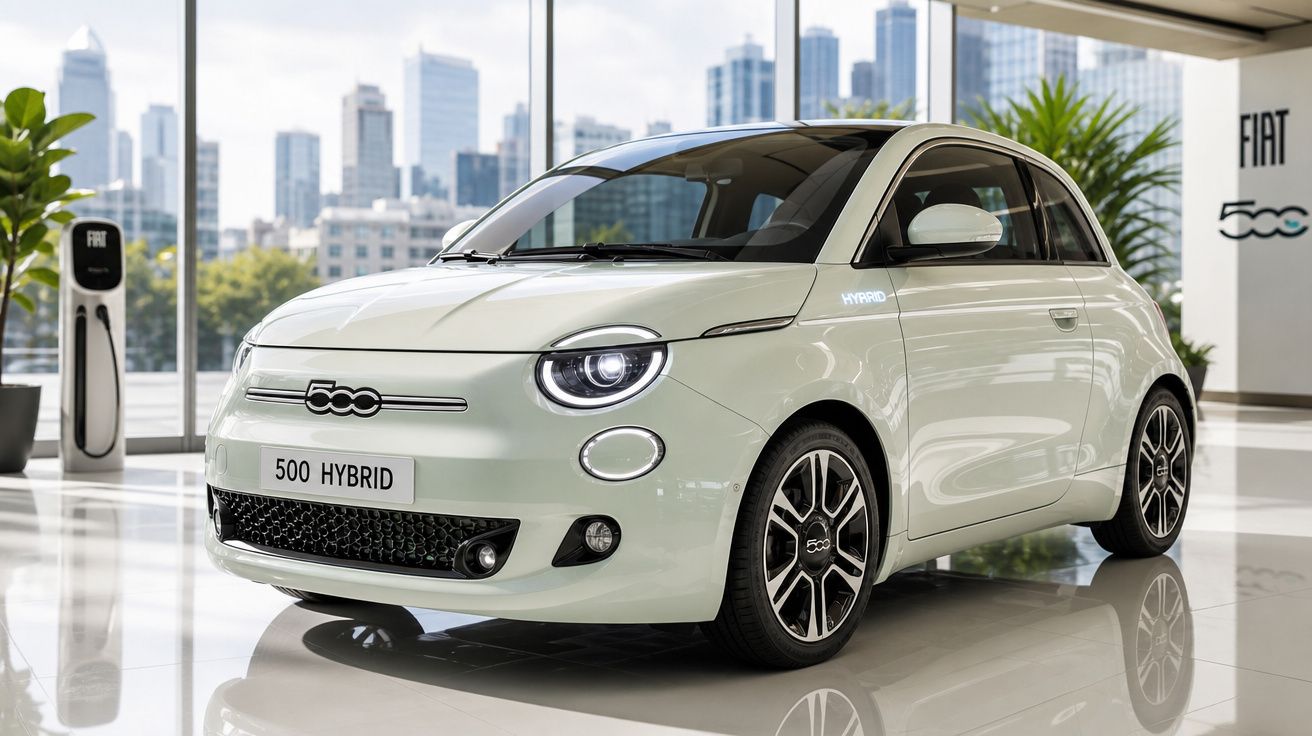 Fiat 500 híbrido branco estacionado em showroom moderno com vista de cidade ao fundo.