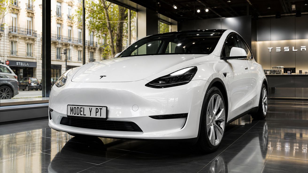 Carro elétrico branco Tesla Model Y exposto numa loja moderna com janelas amplas para a rua.