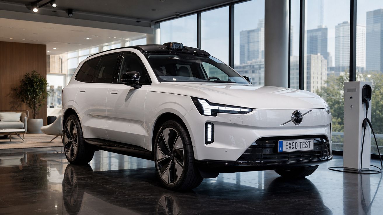 Carro elétrico Volvo EX90 branco em exposição em ambiente moderno com grandes janelas e carregador elétrico.