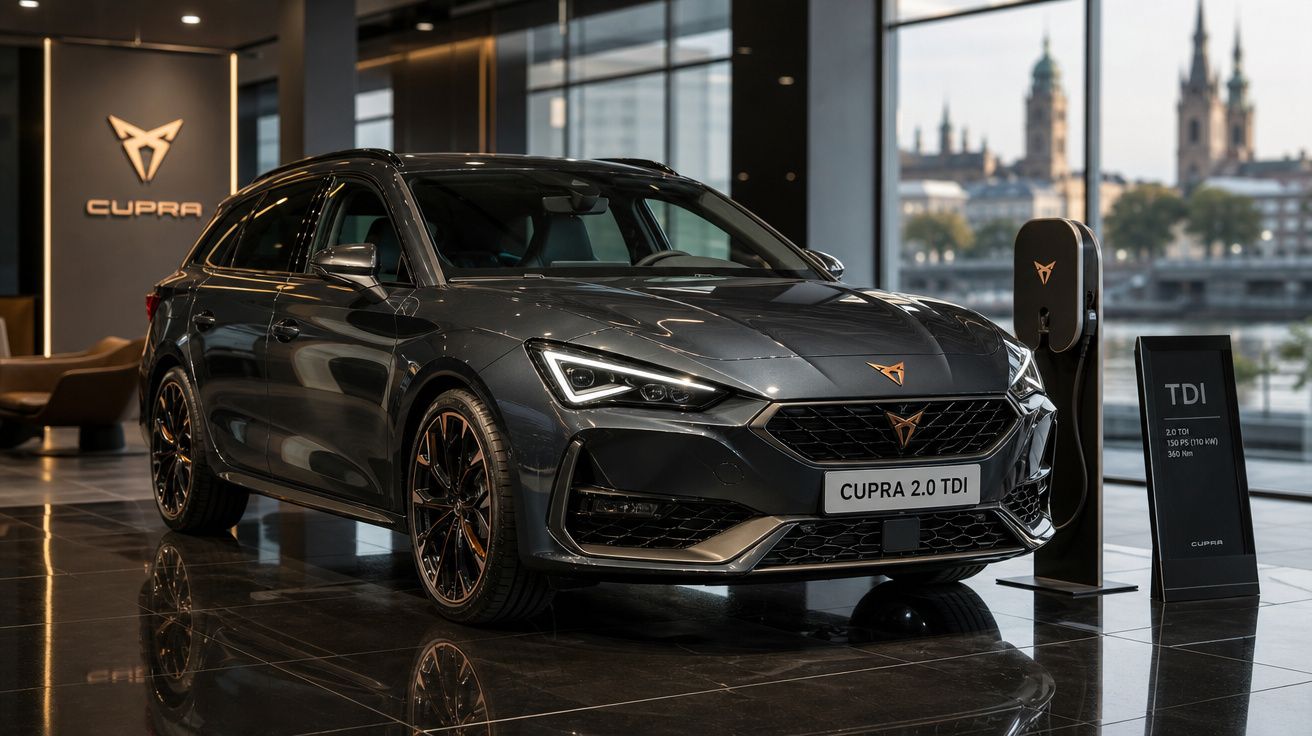 Automóvel Cupra 2.0 TDI cinza escuro exposto em salão com vista urbana ao fundo.