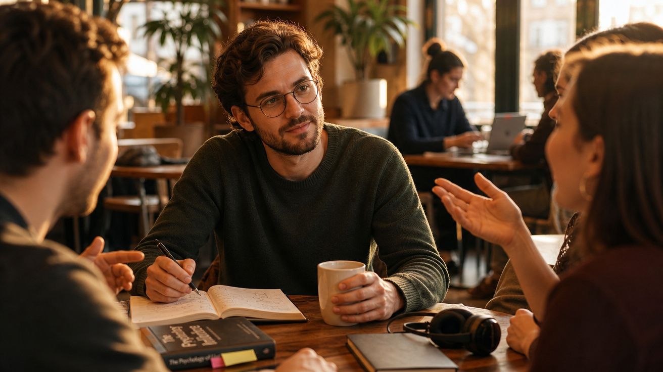 Três pessoas conversam à mesa numa cafeteria, com livros, cadernos e café, em ambiente acolhedor e luminoso.