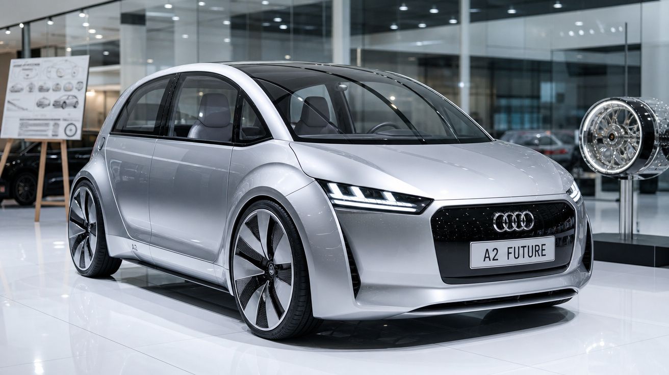 Carro elétrico conceito Audi A2 Future prata exposto em ambiente moderno e iluminado.