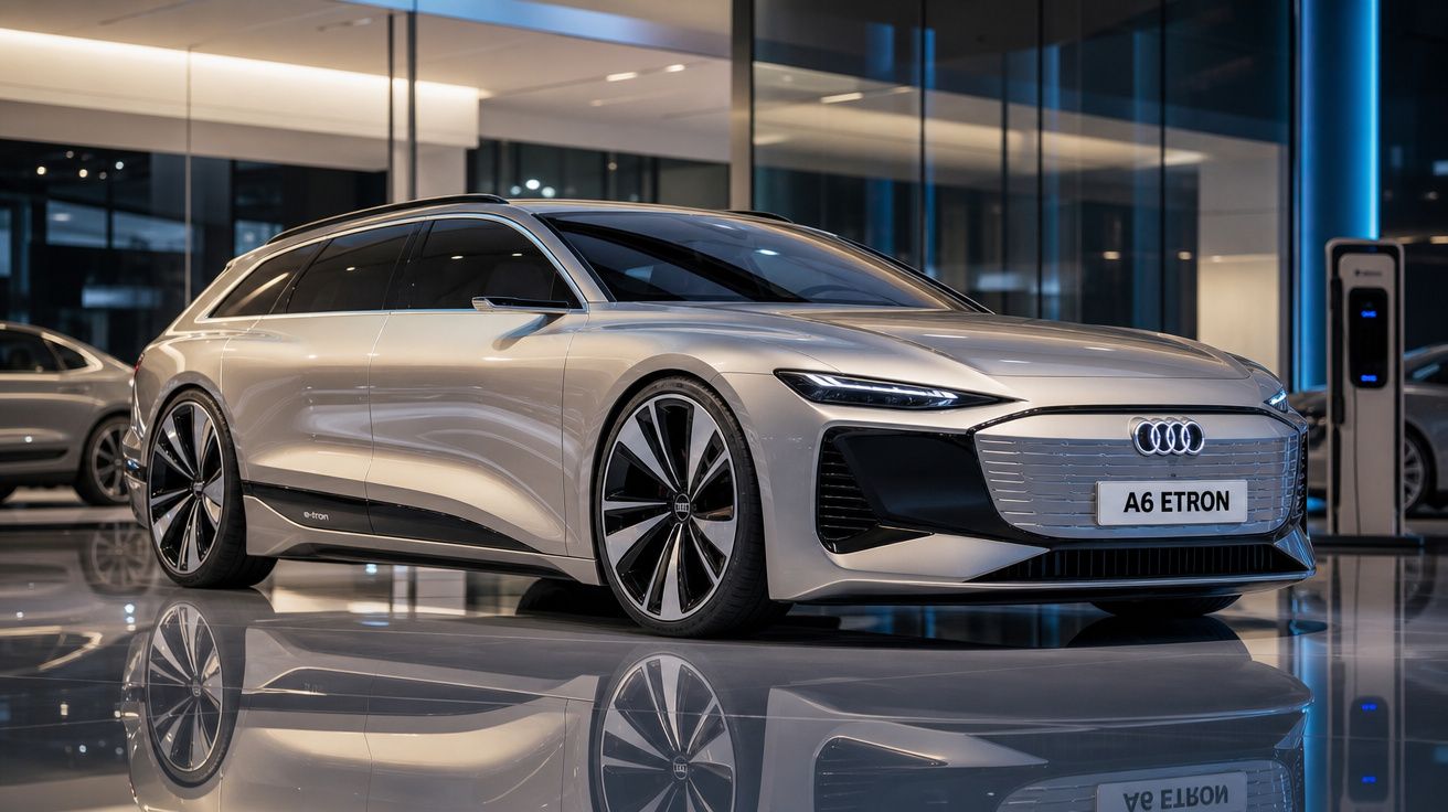 Carro elétrico Audi A6 E-Tron cinza prateado estacionado em showroom moderno com iluminação suave.