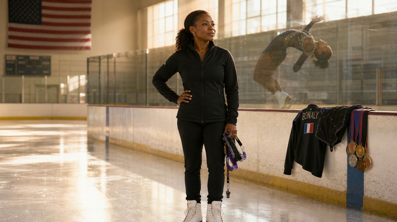 Treinadora de patinagem no gelo com medalhas e fato junto ao rinque, atleta executa salto atrás do vidro.