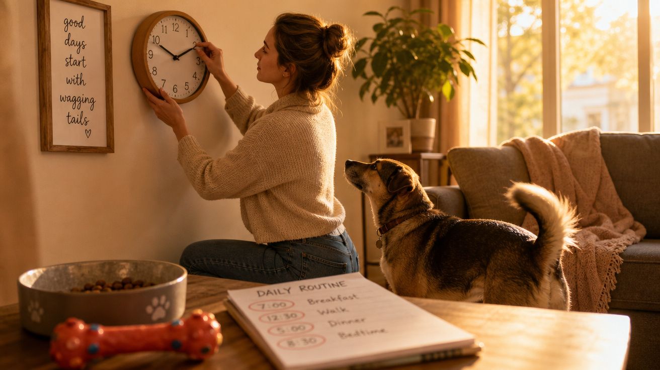 Mulher ajusta o relógio na parede enquanto um cão observa numa sala acolhedora com luz natural.