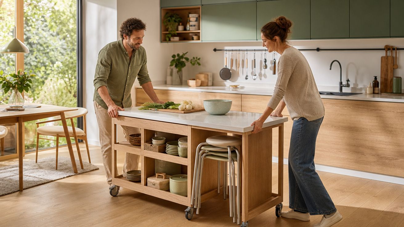 Casal sorridente a mover ilha de cozinha em ambiente moderno e luminoso com legumes e pratos.