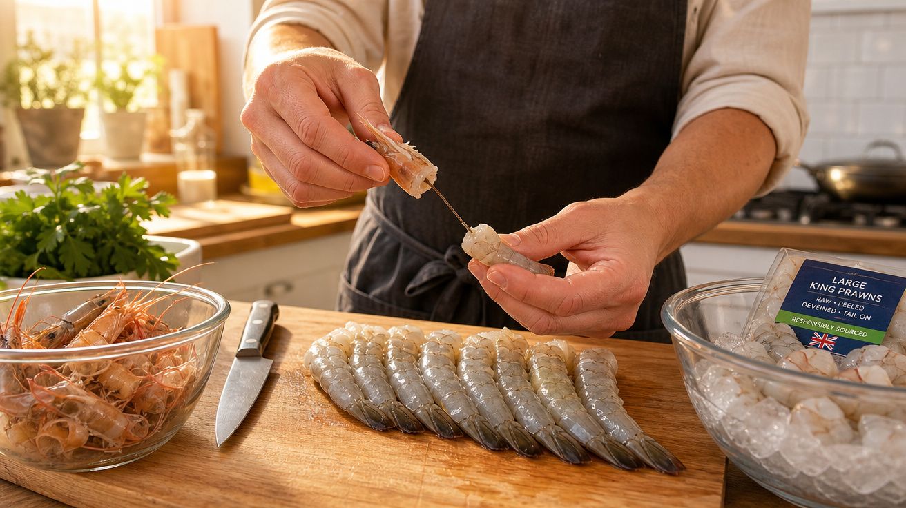 Pessoa a preparar camarões grandes crus sobre tábua de madeira numa cozinha bem iluminada.