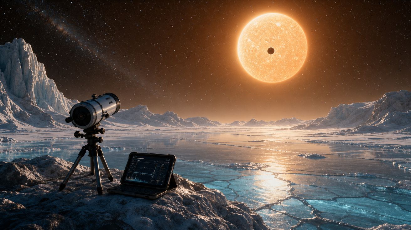 Telescópio e computador num terreno gelado a observar uma estrela com um planeta em trânsito.